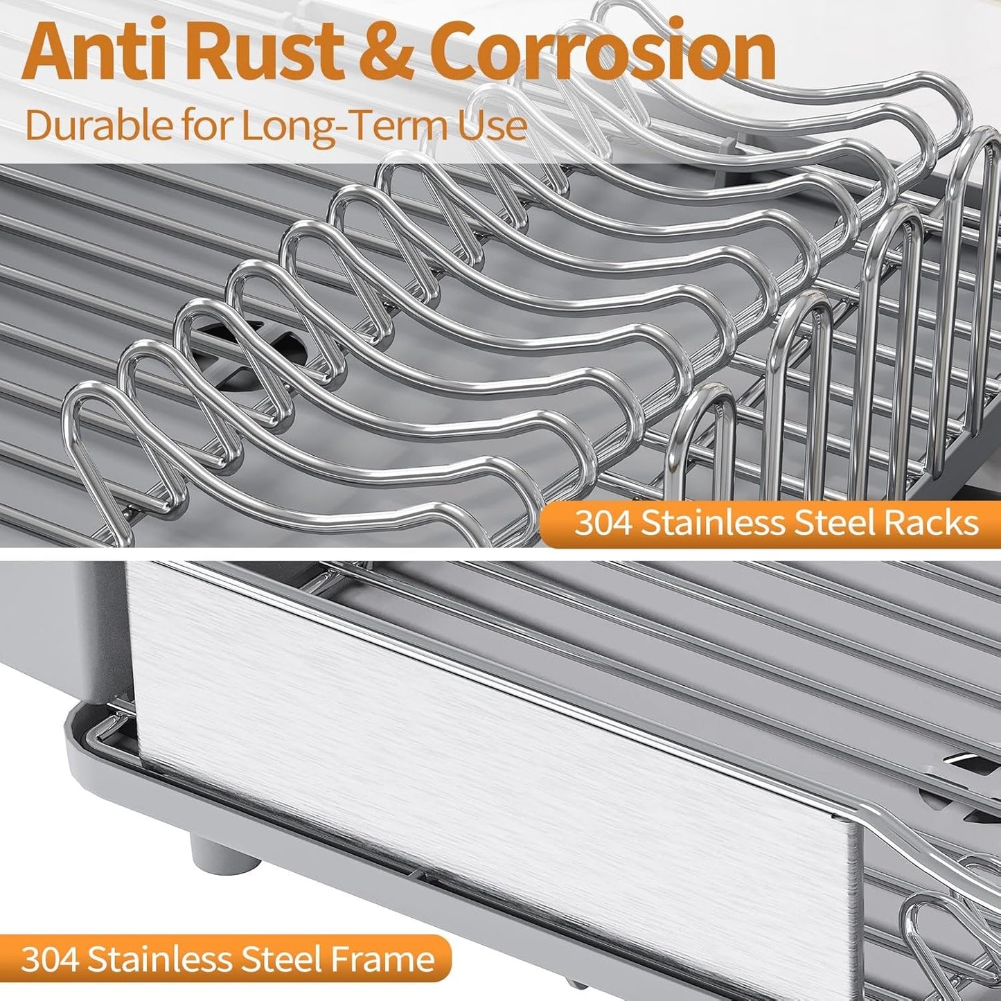 Dish Drying Rack - 304 Large Stainless Steel Dish Drainer for Kitchen Counter, Multifunctional Rust Resistant Kitchen Organizer and Easy Cleaning Storage Rack with Cutlery Holder Drip Tray