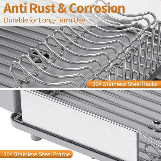 Dish Drying Rack - 304 Large Stainless Steel Dish Drainer for Kitchen Counter, Multifunctional Rust Resistant Kitchen Organizer and Easy Cleaning Storage Rack with Cutlery Holder Drip Tray