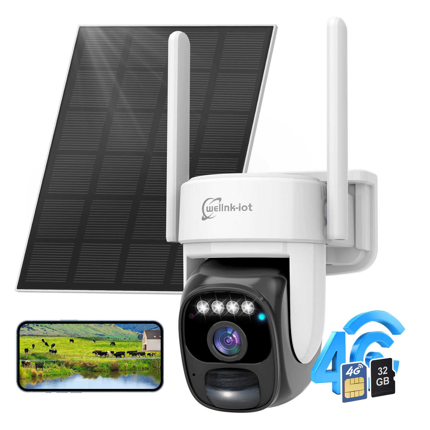 4G LTE Cellular Solar Security Camera Wireless Outdoor, No WiFi Solar Powered Camera, 360 Live View, 2K Color Night Vision, PIR Motion Sensor, 2 Way Talk, Built in SIM Card