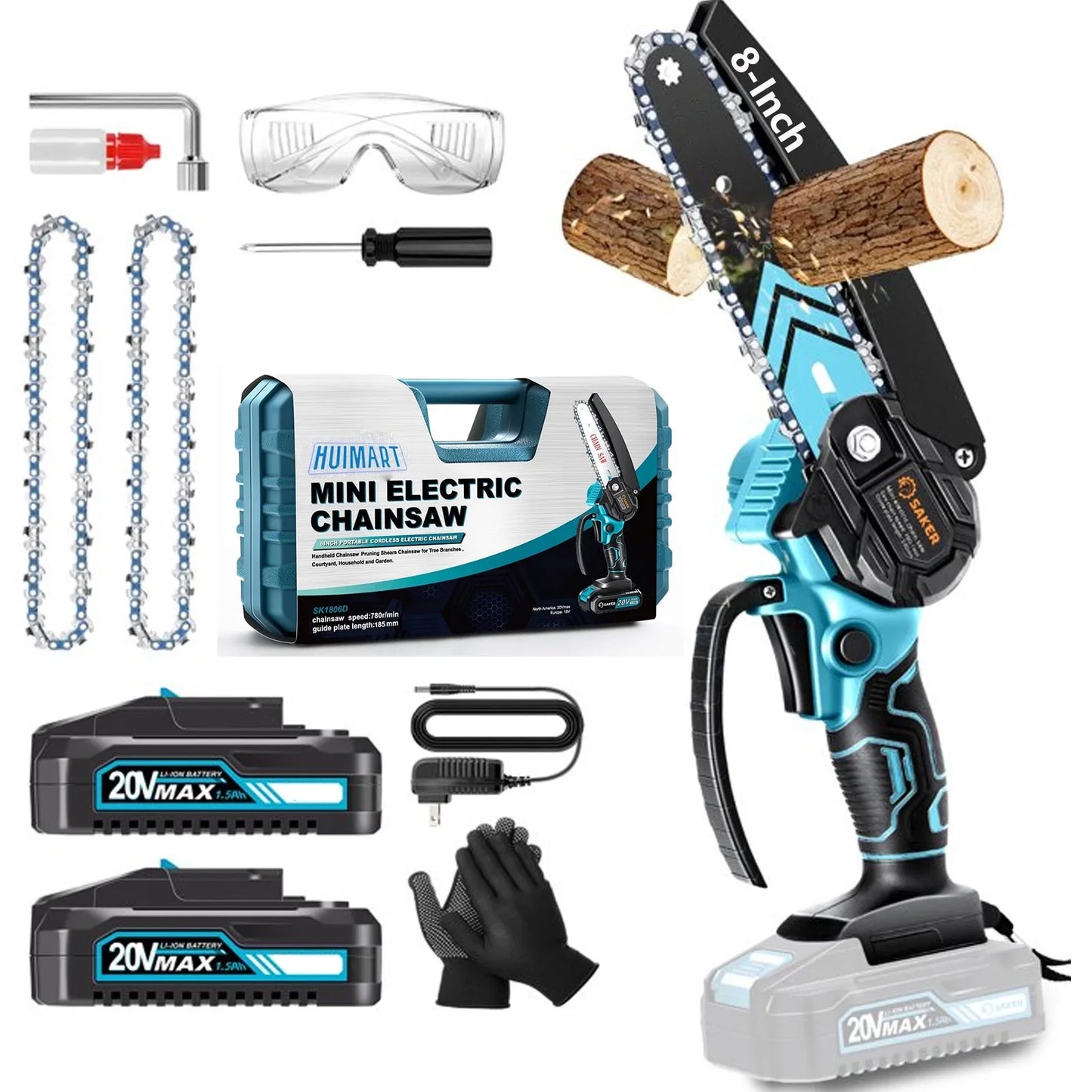 SUSUZI 8 Inch Cordless Pruning Chainsaw, 21 V Cordless Handheld Chain Saw with 2 x 2000mAh Batteries