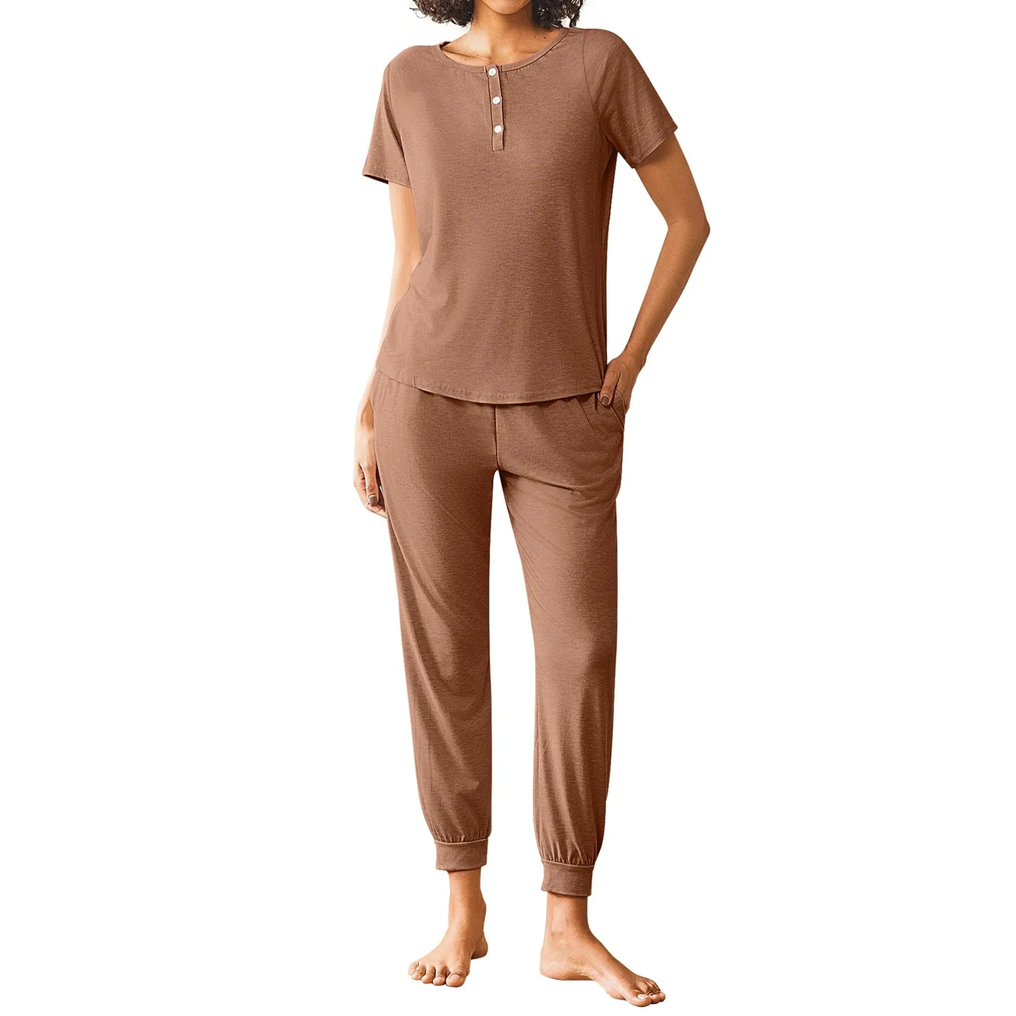 Fantaslook Pajamas Sets for Women Short Sleeve Henley Shirt And Pants With Drawstring Casual Lounge Wear Sets Summer Outfits