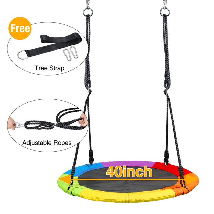 KloKick Saucer Tree Swing 700lb 40in for Kids Adults Waterproof Sets with 2pcs Tree Hanging Straps, Heavy Duty Steel Frame  Adjustable Ropes, Rainbow