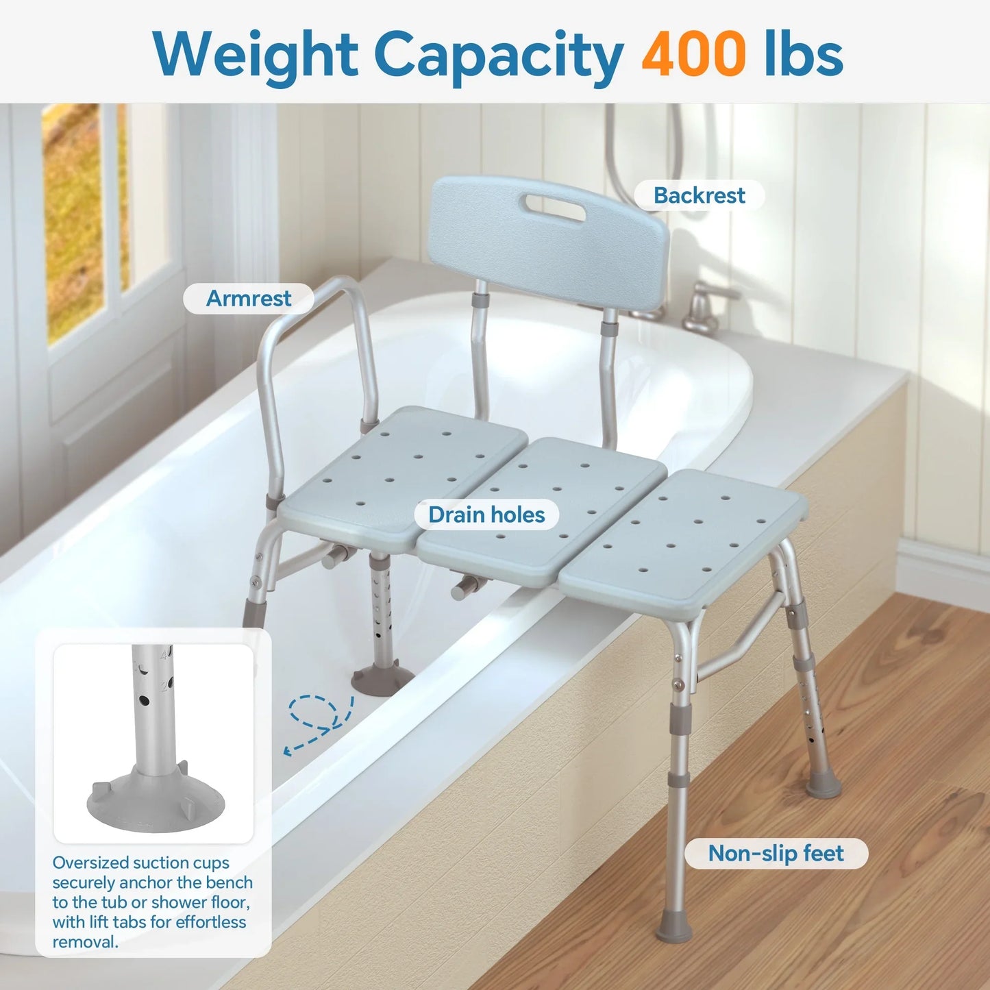 ZOTO Tub Transfer Bench For Bathtub, Height Adjustable Shower Bench with Backrest, Shower Seat Shower Chair Bath Chair for Elderly, Seniors, Arm Support for Transfer, 400 Weight Cap,VBC4