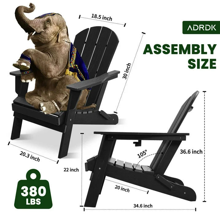 Greforg Oversized Folding Adirondack Chair with Cup Holder,HDPE for outdoor Lawn,Black