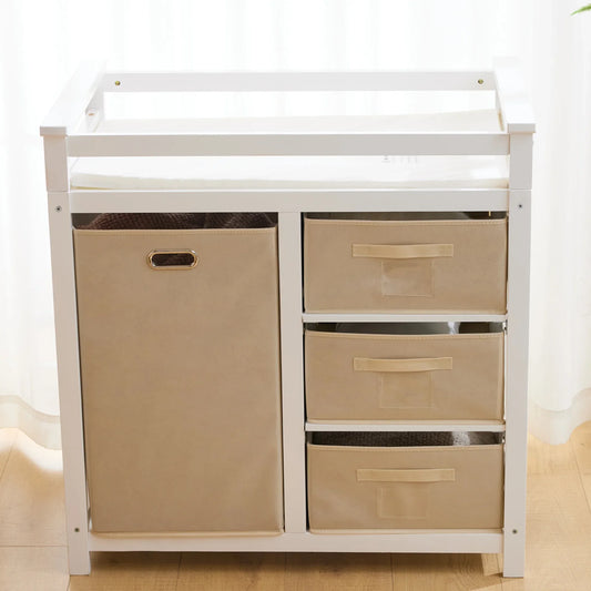SESSLIFE Infant Changing Station with 3 Fabric Drawers & 1 Fabric Bag, Baby Dresser With Changing Table Top for Nursery, Easy Assembly, White
