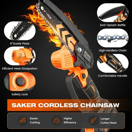 Saker 6 inch Cordless Mini Chainsaw with 2 22V 1500mAH Batteries, Portable Handheld Chainsaw with LED Indicator for Tree Trimming, Gardening, and Household Use, Orange