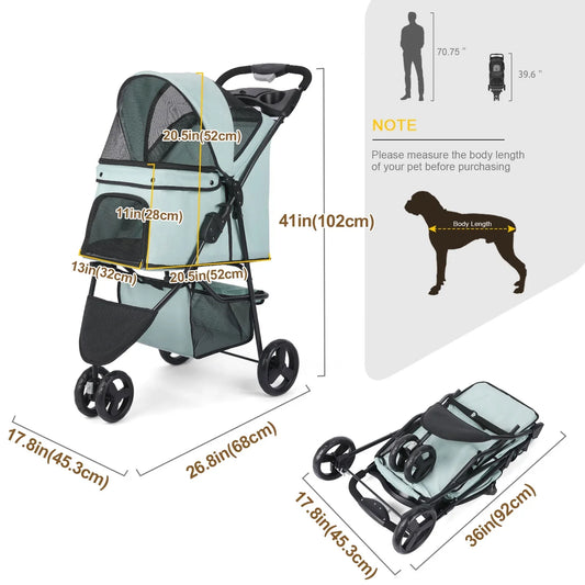 Dog Stroller, Wedyvko 3 Wheels Foldable Pet Strollers with Storage Basket and Cup Holder for Small and Medium Cats, Dogs, Puppies (Blue-green)