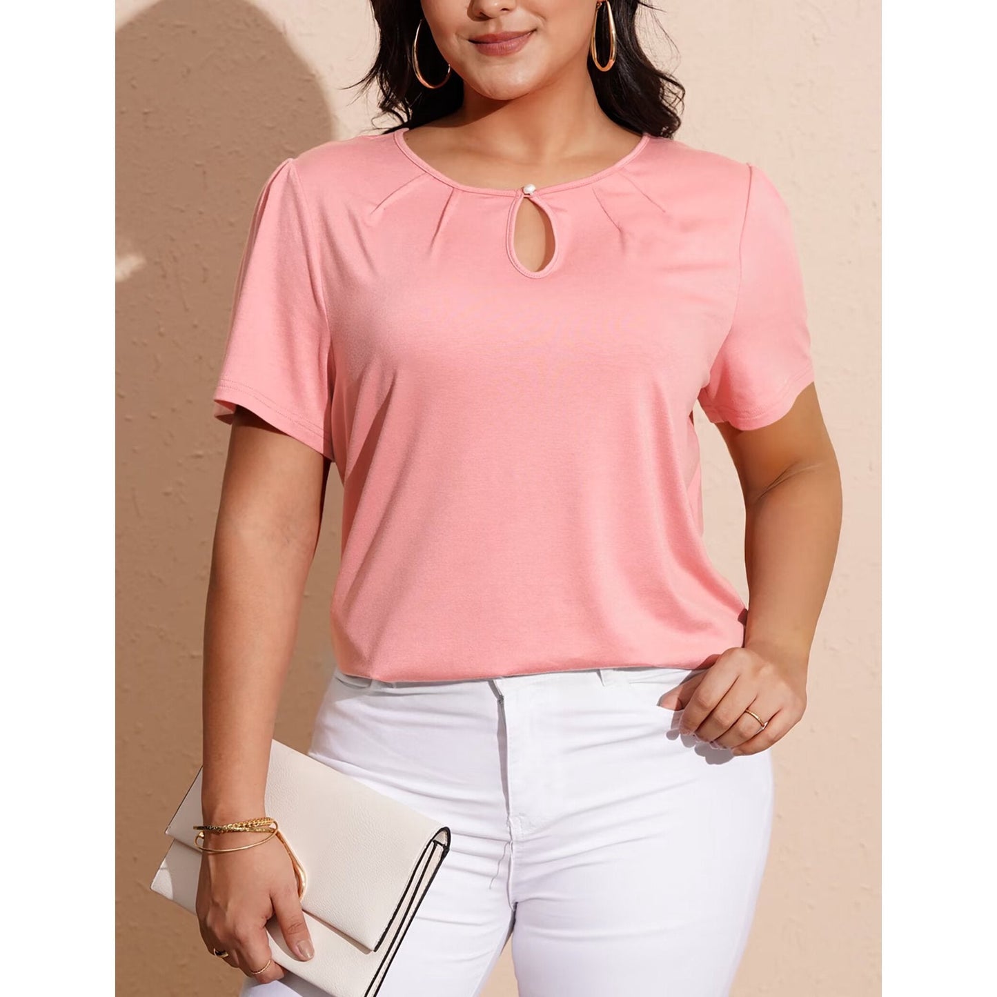 FOLUNSI Women's Plus Size Tops Casual Keyhole Round Neck Pleated Puff Sleeve Blouse m-4x