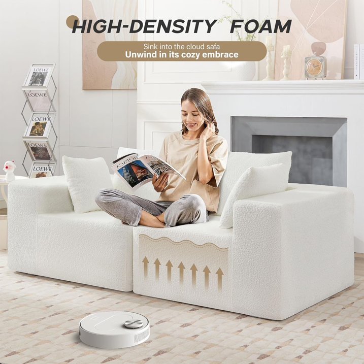 HSUNNS Compression Sofa, 103" Modular Sectional Sofa with Chaise for Living Room, Office and Game Room, No Assembly Convertible Couch with 3 Cushions and 2 Pillows, White