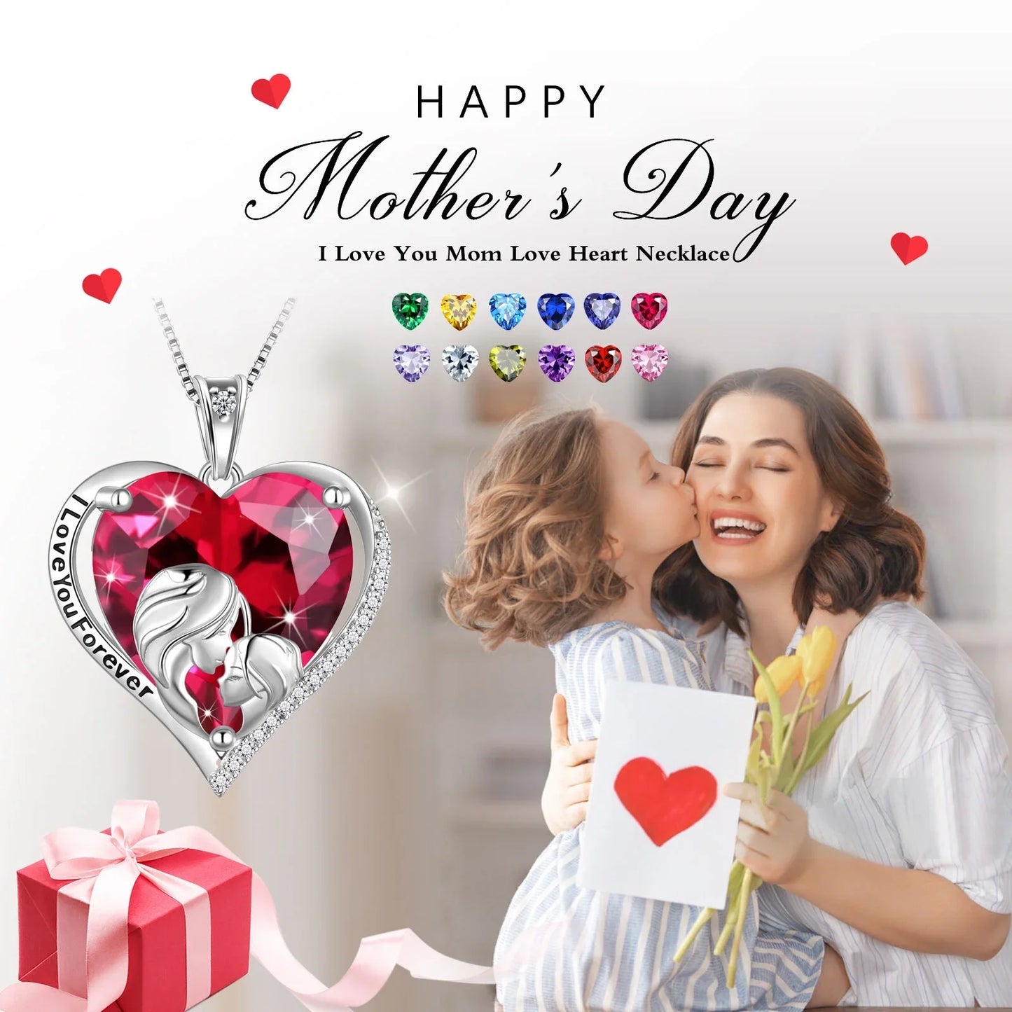 Juwaliy Women Heart Necklace for Mother Daughter 925 Sterling Silver Blue Aquamarine Birthstone Pendant Jewelry Mom March Birthday Mother's Day Gift