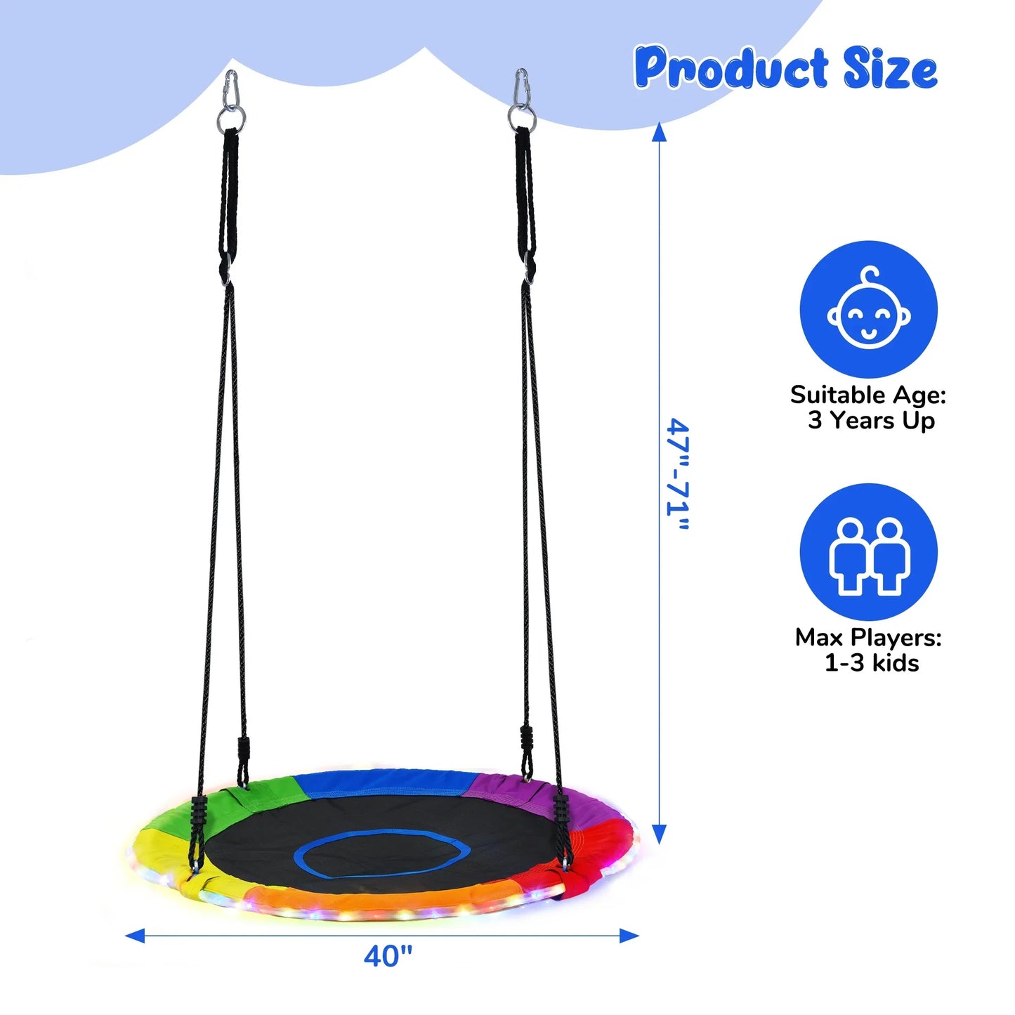 KloKick 700lbs 40 Saucer Tree Swing for Kids  Adults  Durable Outdoor Swing with LED Lights, 2 Tree Hanging Straps. Rainbow