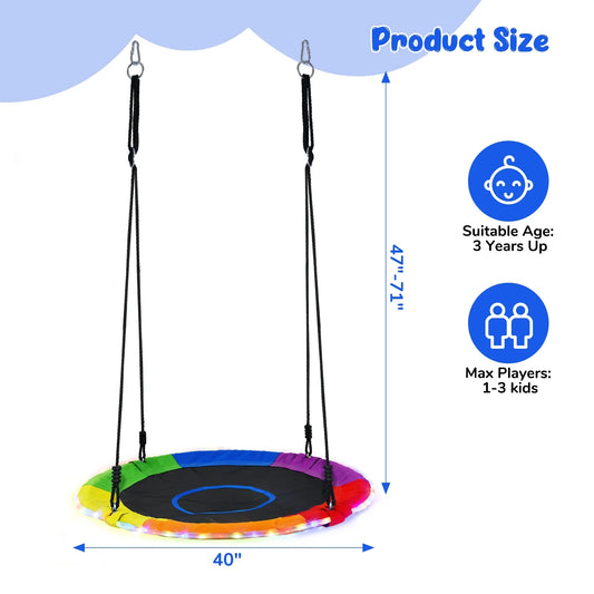 KloKick 700lbs 40 Saucer Tree Swing for Kids  Adults  Durable Outdoor Swing with LED Lights, 2 Tree Hanging Straps. Rainbow