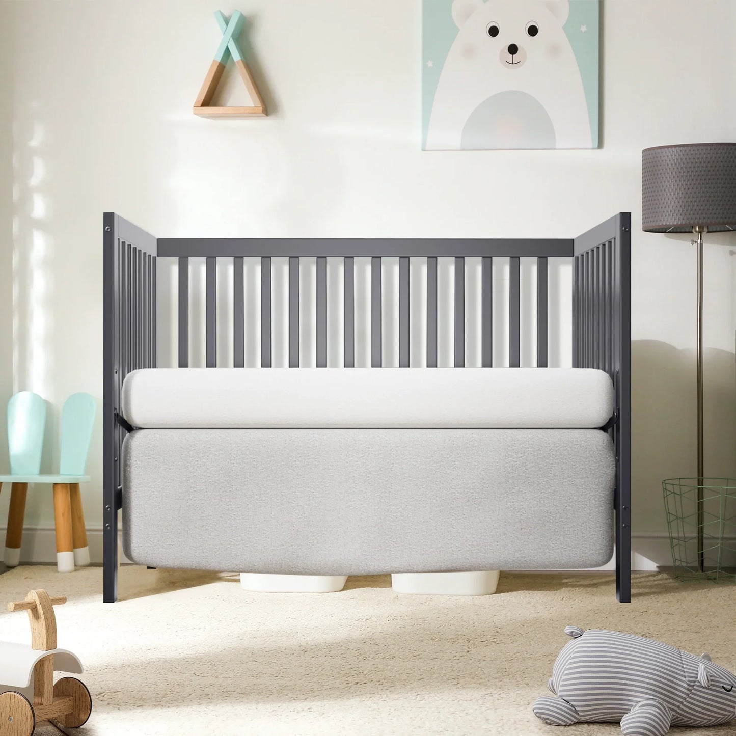 CASEMIOL 5-In-1 Convertible Crib, New Zealand Pinewood Baby Bed,Baby Crib With 3 Height Adjustment, Non-Toxic Finish, Easy to Assemble, Gray