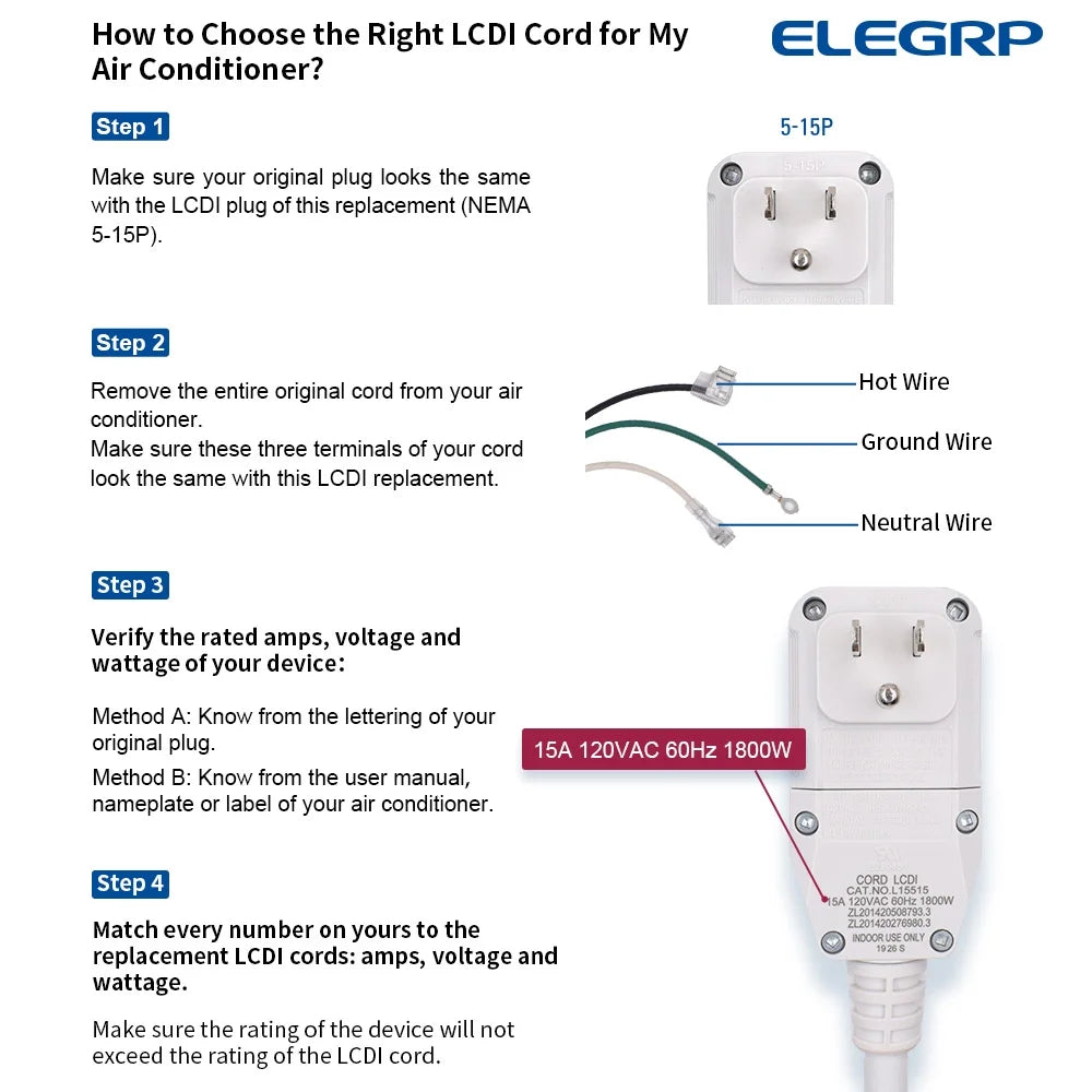 ELEGRP 0651515LY L15515 L22515 14AWG LCDI Power Cord Plug for A/C Air Conditioner, E250451 UL Certified, 7.5FT Leakage Current Detection Interrupter Replacement, 120V 15A 1800W 60Hz NEMA 5-15P, 1 Pack