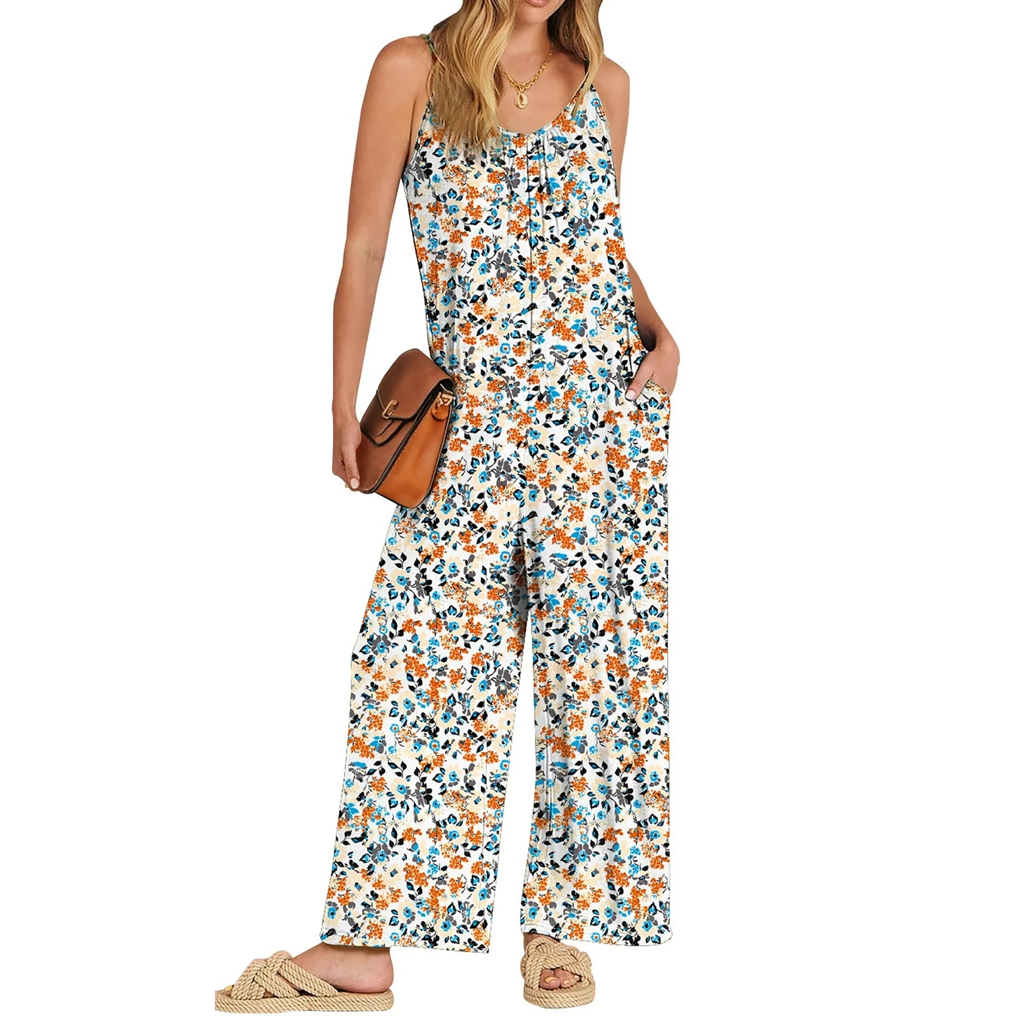 Fantaslook Jumpsuits for Women Casual Sleeveless Spaghetti Strap Rompers Boho Wide Leg Jumpsuits Overalls Dressy Trendy Outfits Clothes