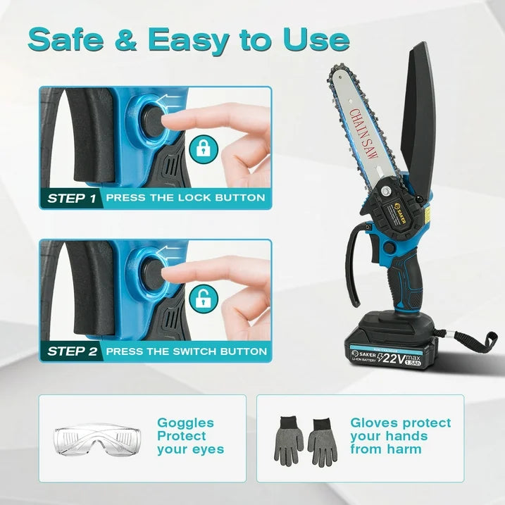 Saker 6 inch Small Handheld Chainsaw with 2 Batteries  2 Chains, Powerful Electric Chainsaw for Efficient Cutting, Ideal for Wood Cutting, Tree Trimming, Blue