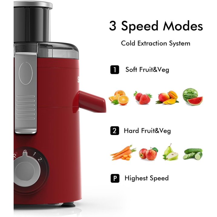 SiFENE 350W Centrifugal Juicer Machine, 2.5 Wide Chute, 3 Speed Setting, Compact Design, Easy to Clean, Red
