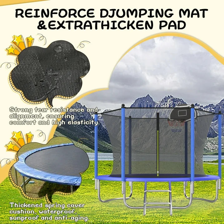 Ovatoys 800LBS 8FT Trampoline for 3 4 Kids ,Trampoline with Safety Enclosure Net,Basketball Hoop and Ladder, Easy Assembly Round Outdoor Recreational Trampoline,Age (3-10)