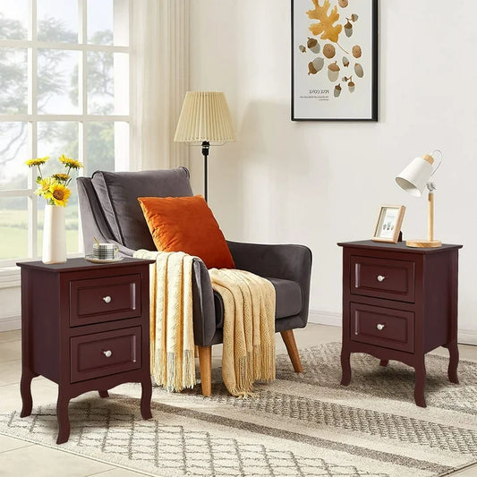 HSUNNS Nightstands Set of 2, Country Style End Table Nightstand Side Table with 2 Drawers, Wood Accent Table with Storage for Bedroom Living Room, Brown
