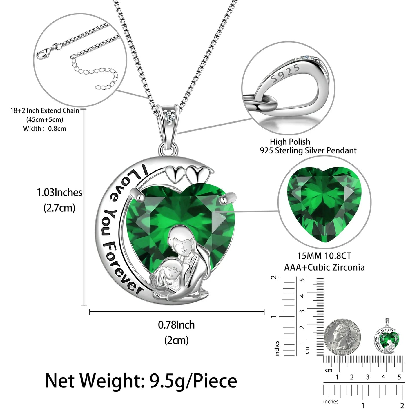 Juwaliy Moon Heart Mother Daughter Necklace 925 Sterling Silver Green Emerald May Birthstone Pendant Jewelry Women Mom Birthday Mother's Day Gift