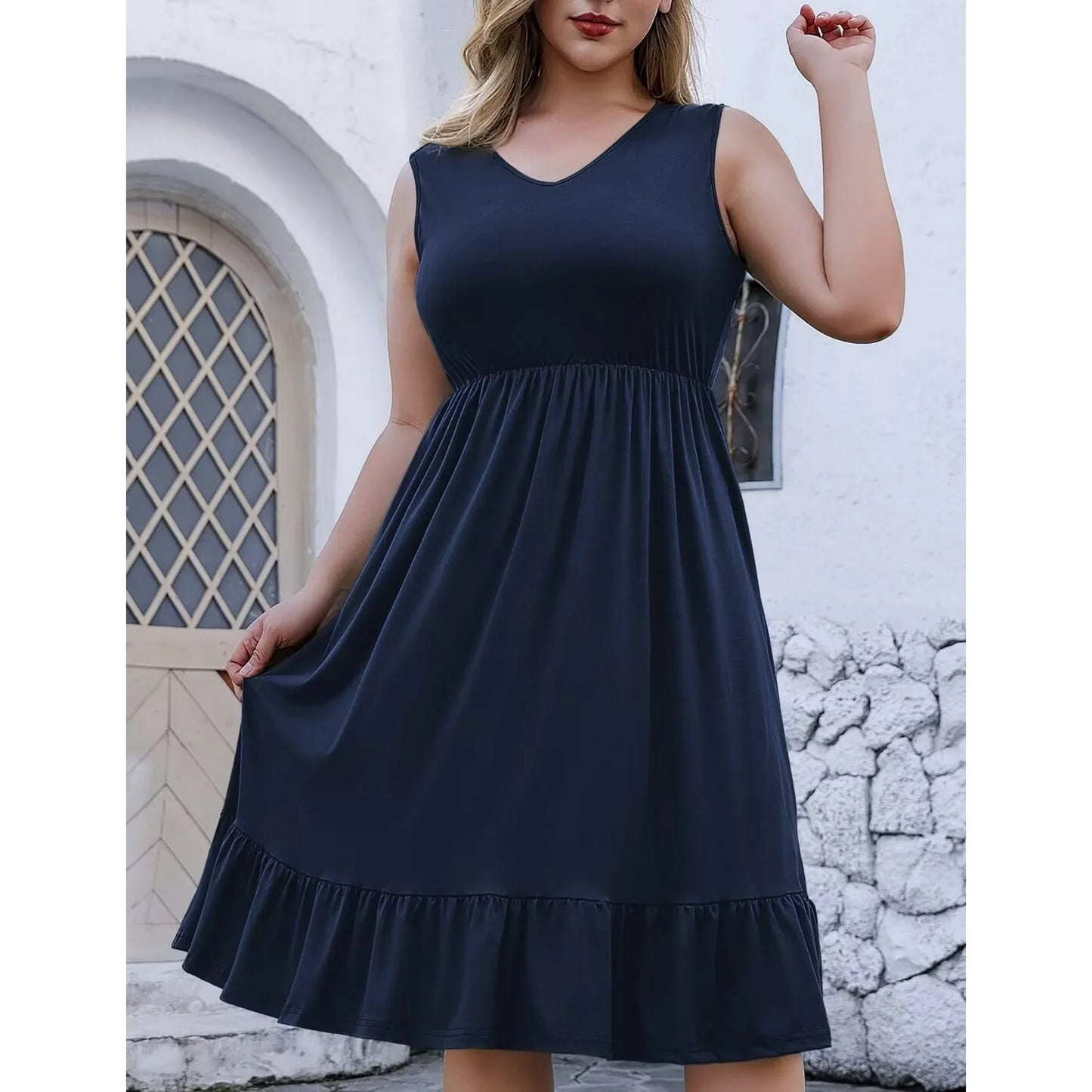 FOLUNSI Plus Size Summer Dress for Women Casual Sleeveless V neck Ruffled Swing Dresses with Pockets M-4XL