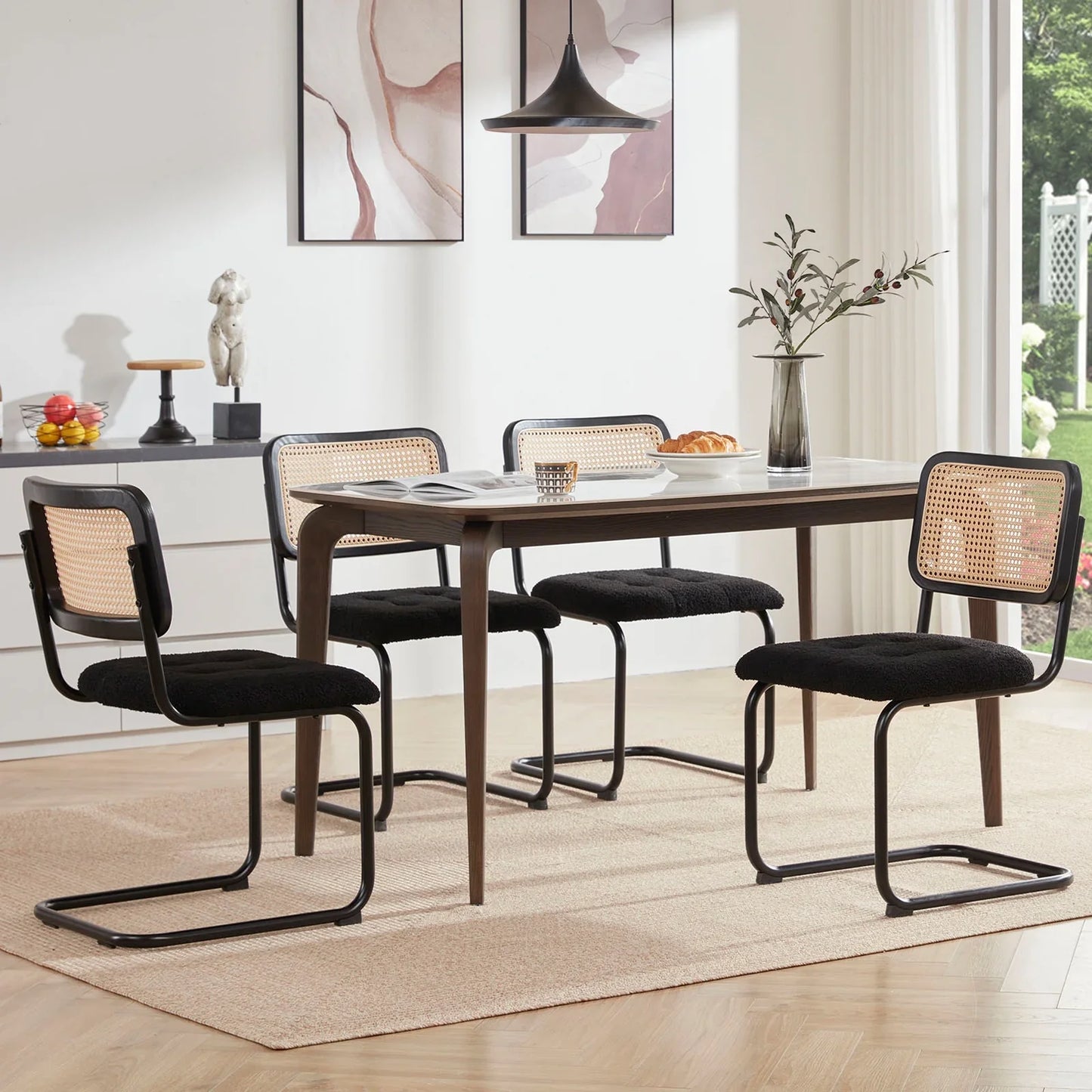 Farini Dining Chairs Set of 2, Mid-Century Modern Kitchen Chairs with Rattan Backrest & Velvet Upholstery, Black