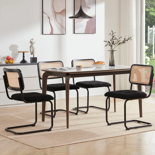 Farini Dining Chairs Set of 2, Mid-Century Modern Kitchen Chairs with Rattan Backrest & Velvet Upholstery, Black