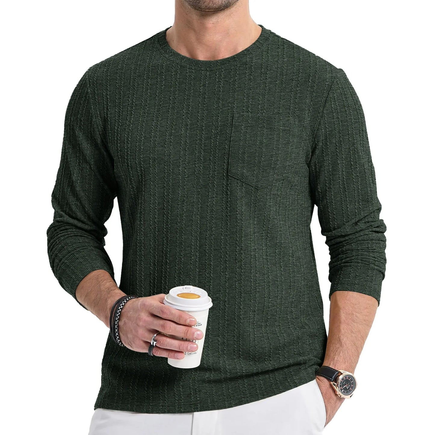 Thrilos Mens Long Sleeve Shirts Crewneck Casual Tops Pullover Work Shirts Stretch Textured Knit T-Shirts with Pocket