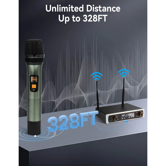 Fixdono Wireless Microphone System, Dual Handheld Cordless Dynamic Microphones for Singing Karaoke, Speaker, Conferences, Wedding, Church, 328 ft