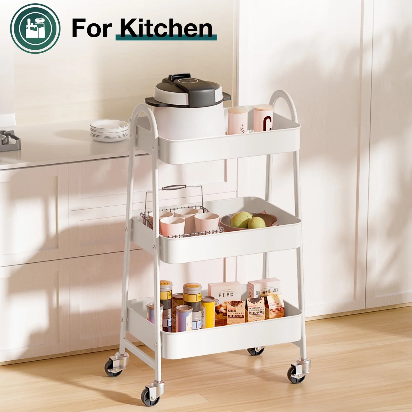 CONCETTA 3 Tier Utility Rolling Cart, Metal Mobile Storage Cart with Lockable Caster Wheels, Storage Shelves Organizer Cart for Livingroom, Bathroom, Kitchen, & Narrow Places, White