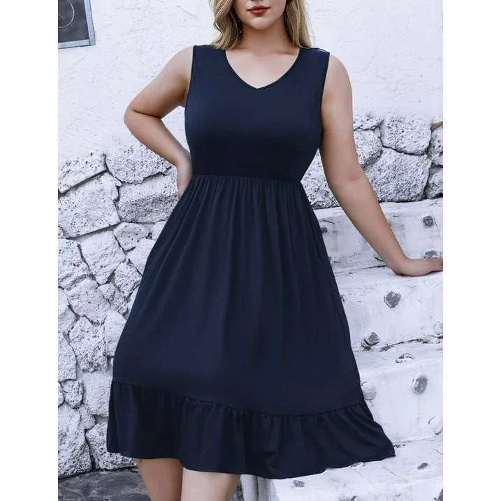 FOLUNSI Plus Size Summer Dress for Women Casual Sleeveless V neck Ruffled Swing Dresses with Pockets M-4XL