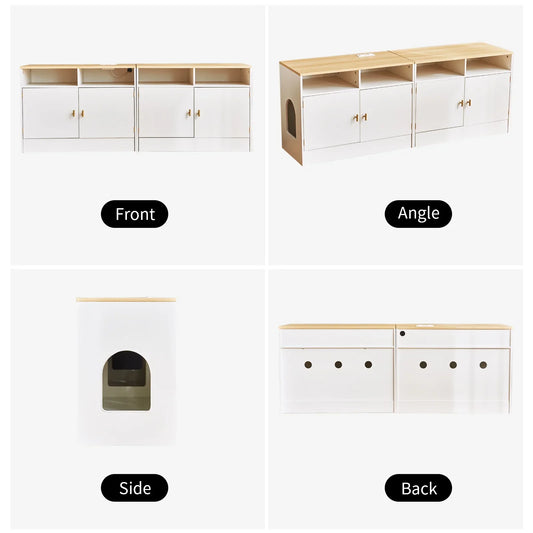 JanflyHome Cat Litter Box Enclosure, TV Stand for 55-75 inch TV, Power Outlet, Pan Litter Box, White