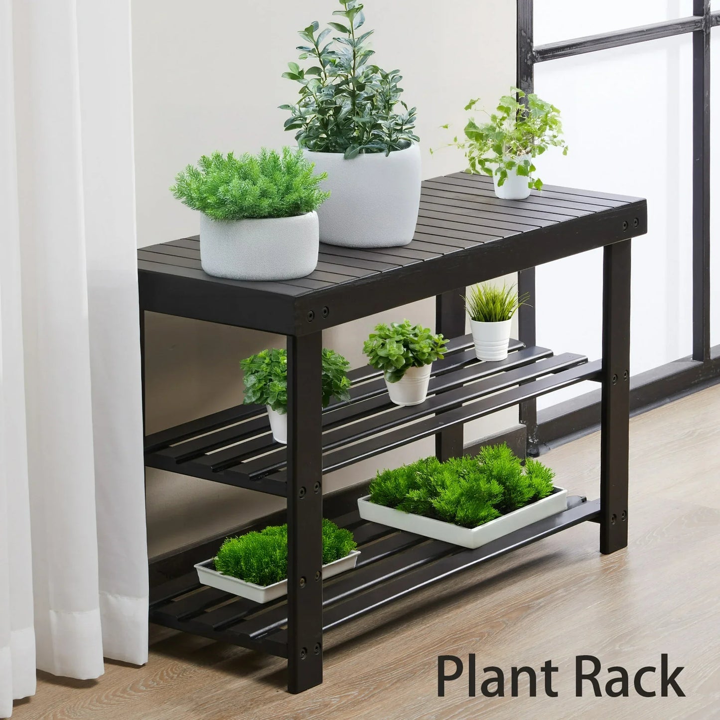 ZUNMOS 3-Tier Bamboo Shoe Rack Bench, 11.3 x 27.6 x 17.8 Inches Compact Storage Organizer with 286lb Capacity for Entryway, Bedroom and Living Room, Black