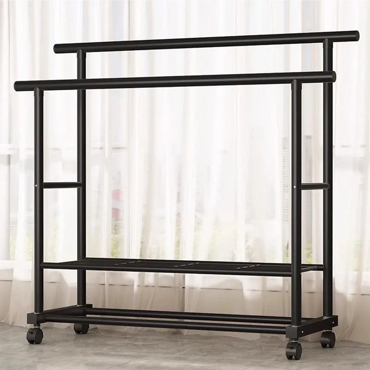 SUSUZI Double Rods Garment Rack with Wheels, Freestanding Clothing Rack for Hanging Clothes