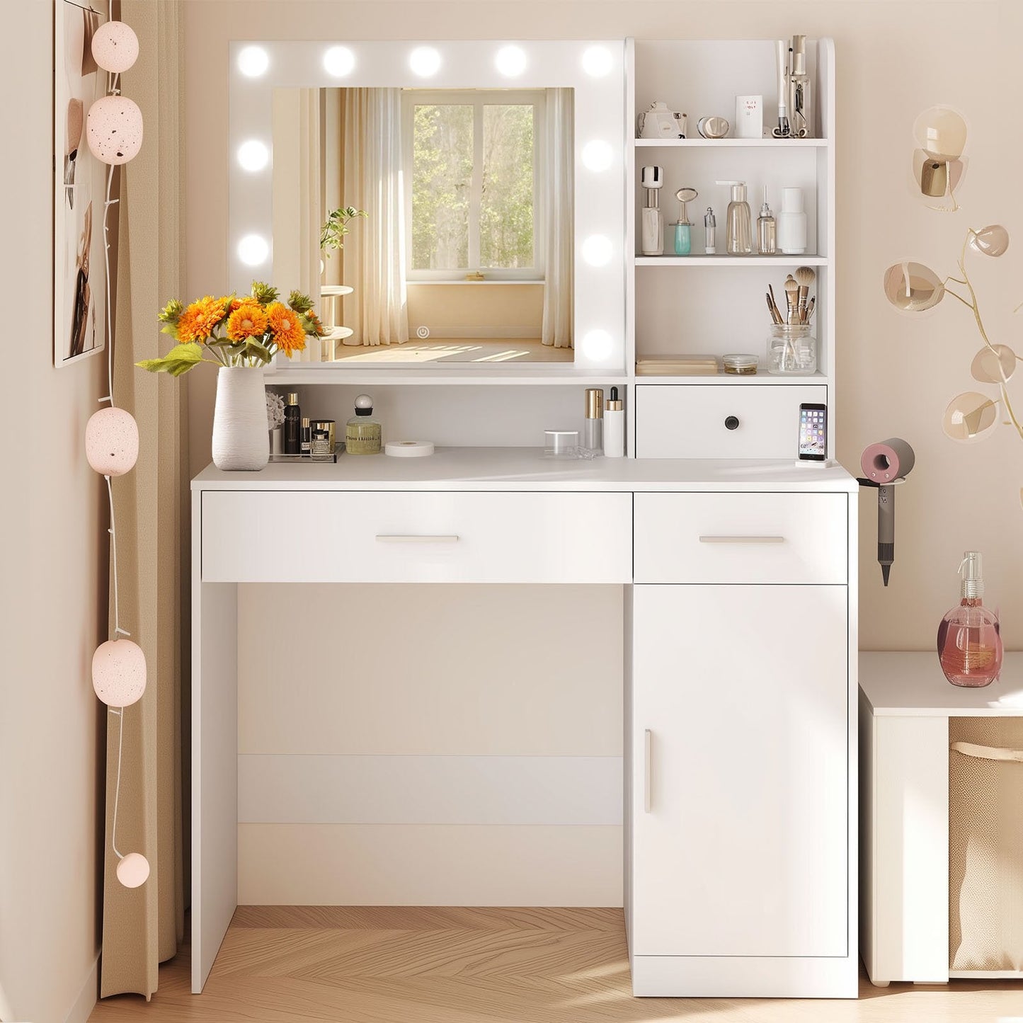 edx Vanity Desk with Mirror, Makeup Vanity Table with 3 Color Light Options Adjustable Brightness for Bedroom Dressing Room, White