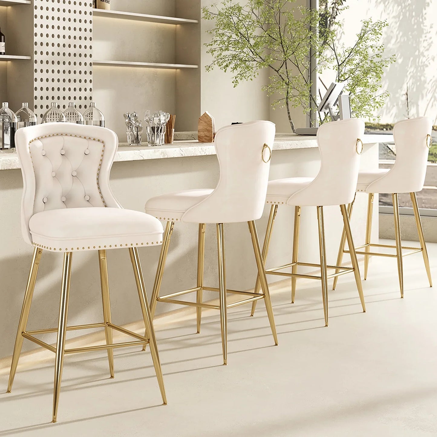 Farini Bar Stools Set of 4, Velvet Counter Height Stools with Metal Legs for Kitchen, Dining Rooms, Pubs (Beige, 26")