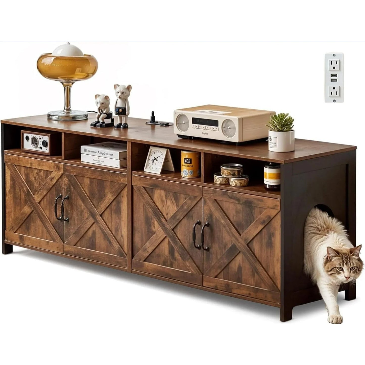 JanflyHome Cat Litter Box Furniture, 63 Inch TV Stand 2 Cats Double Litter box Enclosure Hidden Washroom TV Stand, Vintage Brown