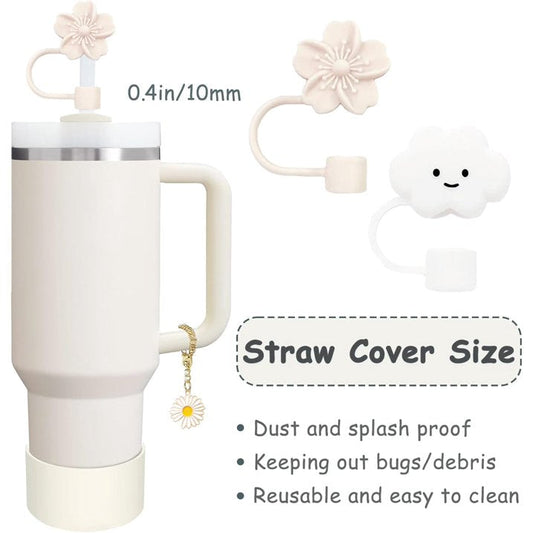Spill Proof Stopper and Cup Accessories for Stanley, Silicone Straw Cover Cap Straw Toppers Flower Charm Cup Boots Fits Stanley 40 30 Oz Tumbler, White