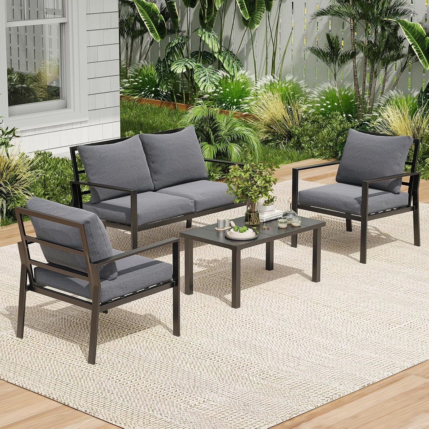 Farini Outdoor conversation sets, 4 Pieces Metal Patio Furniture Set with 2 Single Sofas, Loveseat & Coffee Table, for Garden, Backyard, Balcony (Dark Gray)