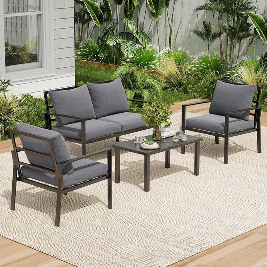 Farini Outdoor conversation sets, 4 Pieces Metal Patio Furniture Set with 2 Single Sofas, Loveseat & Coffee Table, for Garden, Backyard, Balcony (Dark Gray)
