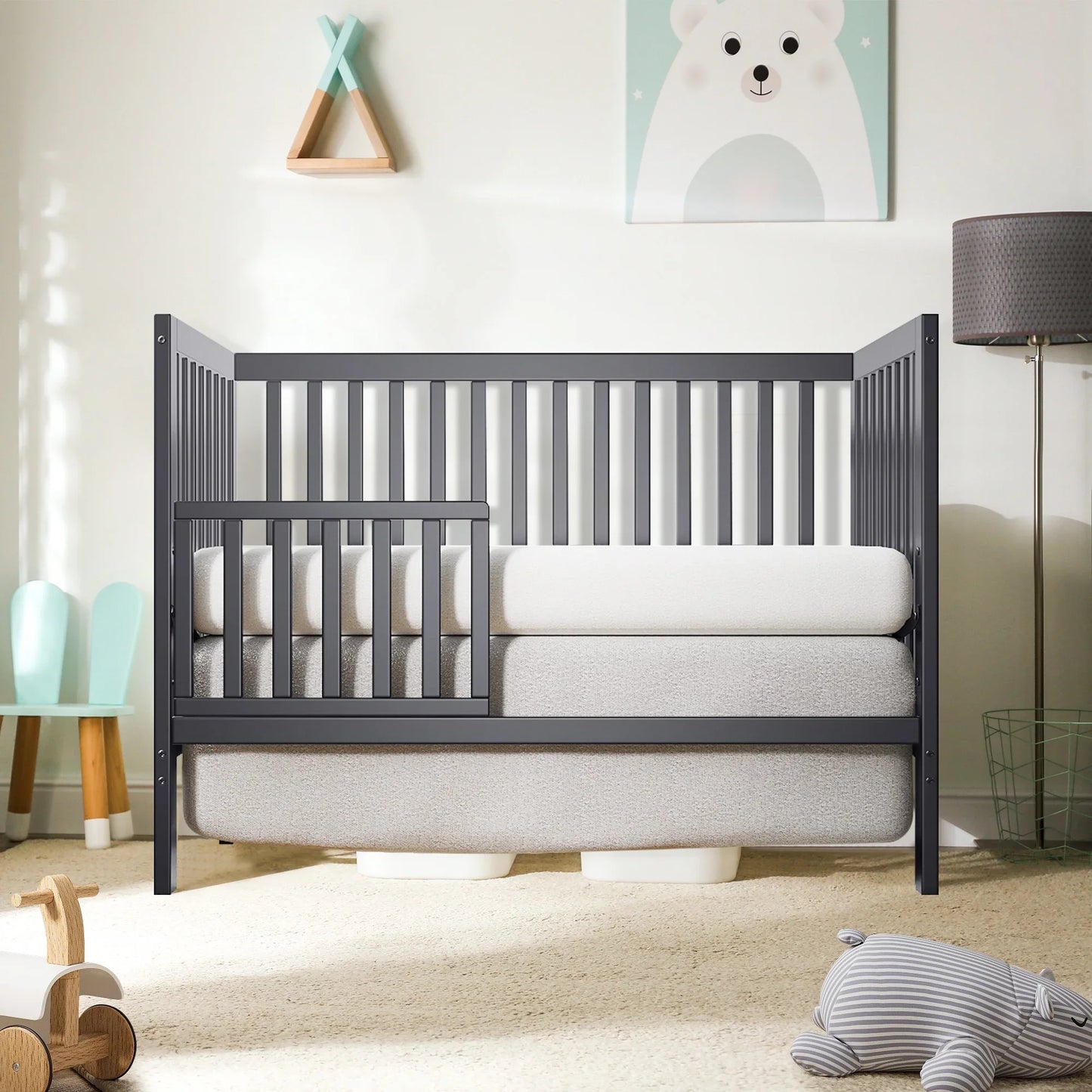 CASEMIOL 5-In-1 Convertible Crib, New Zealand Pinewood Baby Bed,Baby Crib With 3 Height Adjustment, Non-Toxic Finish, Easy to Assemble, Gray