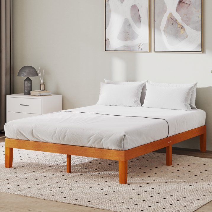 ZUNMOS 12 IN Full Size Solid Wood Bed Frame with Wood Slat Support, Sturdy, No Box Spring Needed, Natural Pine