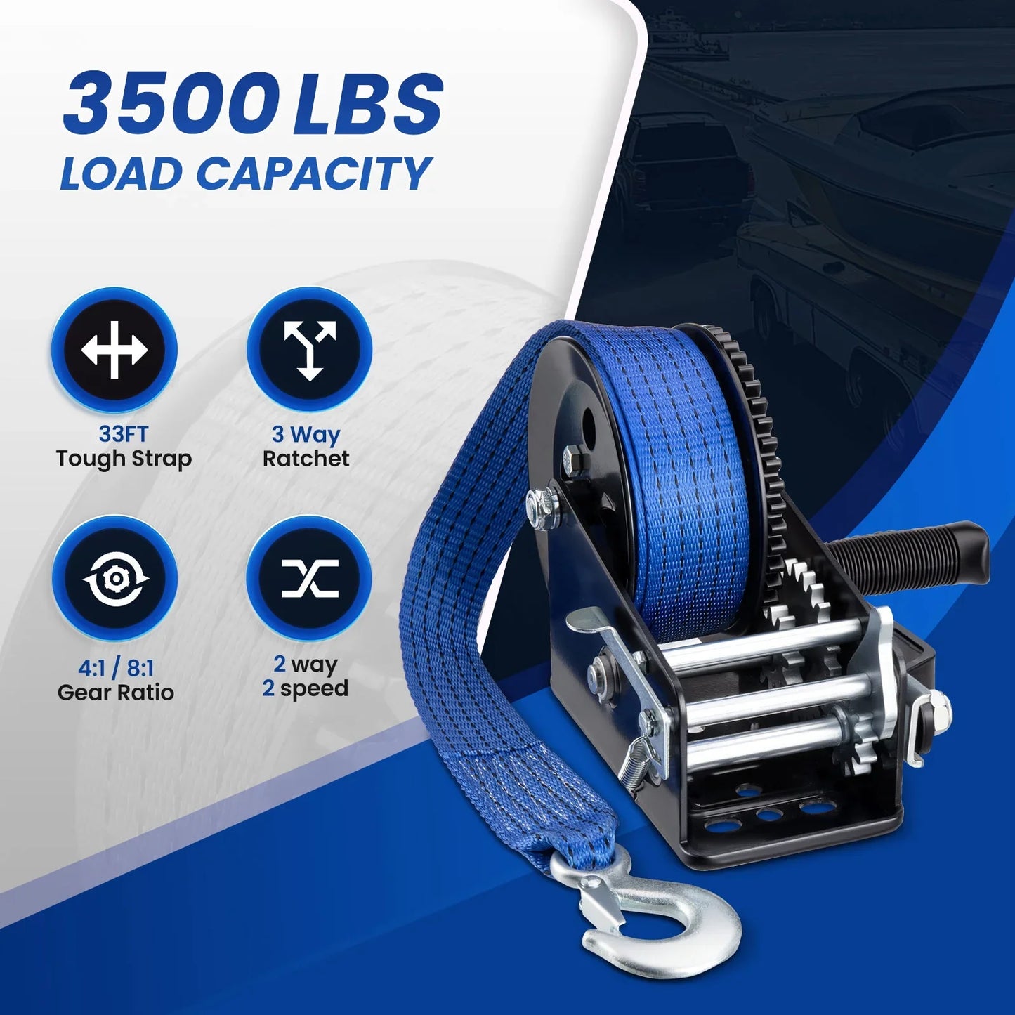 Audew Rope Crank Hand Winch 3500 lbs Capacity Boat Trailer Winch Heavy Duty 33 ft Polyester Strap and Two-Way Ratchet, Manual Operated Hand Crank Winch for Trailer, Boat or ATV Towing