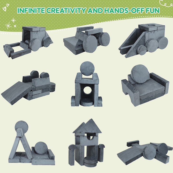 HSUNNS 14 PCS Kids Couch, Velvet Kids Play Modular Couch, Kids Sofa for Boys and Girls, Easy Assembly, Modular Play Sofa for Bedroom and Playroom, Gray