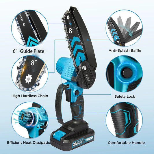 SUSUZI 8 Inch Cordless Pruning Chainsaw, 21 V Cordless Handheld Chain Saw with 2 x 2000mAh Batteries