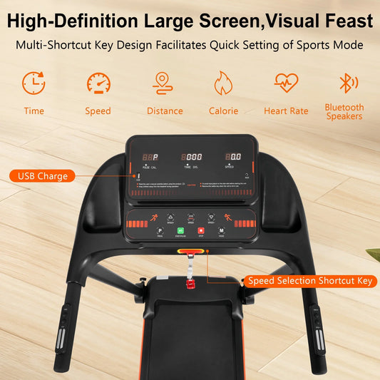 VLDTDRDI 500LBS 2.5HP Folding Treadmill with 7.5mph Speed,Portable Running Walking Compact Exercise Machine with USB Charge Station,Bluetooth speaker, 2 Level Incline for Home