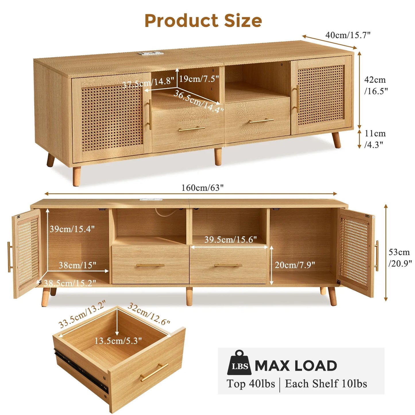 JanflyHome TV Stand for 75in TV, Rattan Boho Entertainment Center with Adjustable LED Light, Power Outlet, Wood
