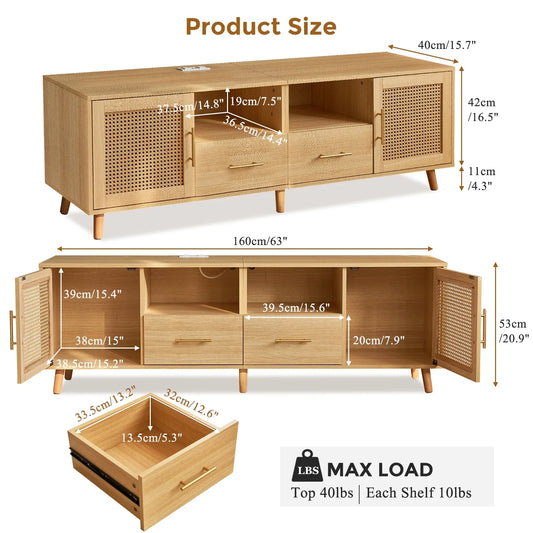 JanflyHome TV Stand for 75in TV, Rattan Boho Entertainment Center with Adjustable LED Light, Power Outlet, Wood