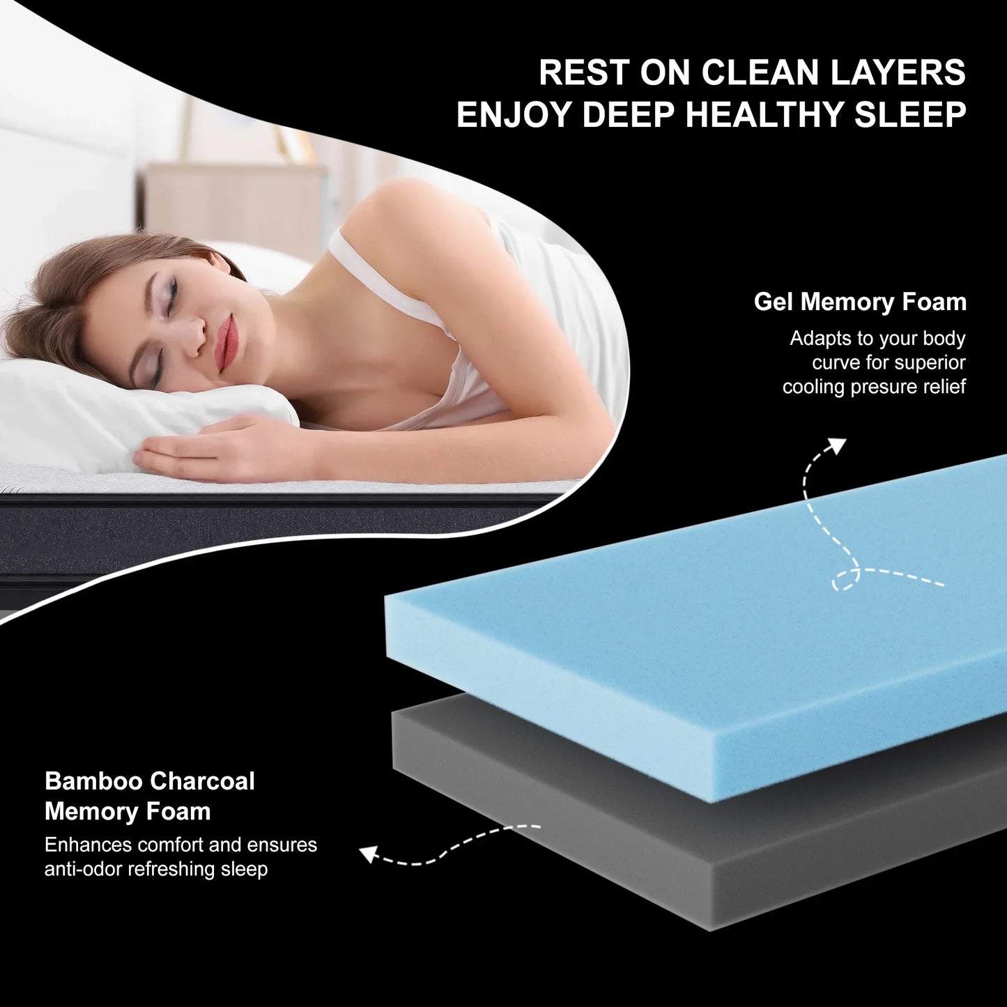Queen Size Mattress,15 Inch Foam Mattress in a Box with 9 Premium Layers, Medium Firm Charcoal Gel Hybrid Mattress with Pressure Relief and Support for Cool Night, CertiPUR-US Certified