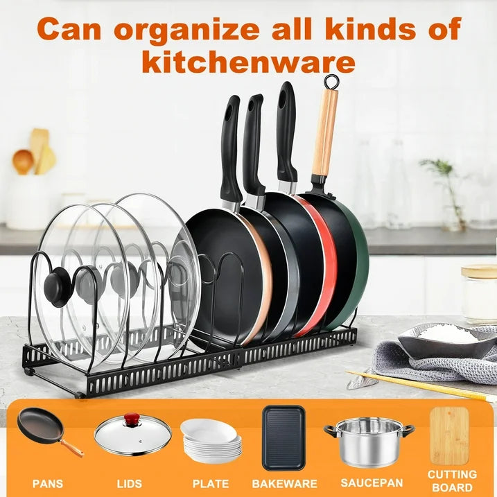 Aovky Pot Lid Organizer with 12 Adjustable Dividers, Expandable Metal Pots and Pans Organizer for Kitchen